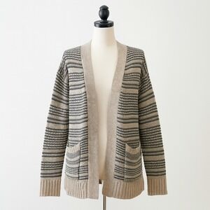 Artesia Cardigan Sweater Womens Small Beige Gray Striped Knit Open Front Neutral